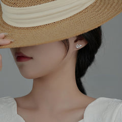 Sweet Zircon Flower Faux Pearl Stud Earrings
