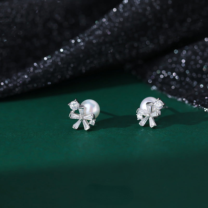 Sweet Zircon Flower Faux Pearl Stud Earrings