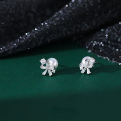 Sweet Zircon Flower Faux Pearl Stud Earrings