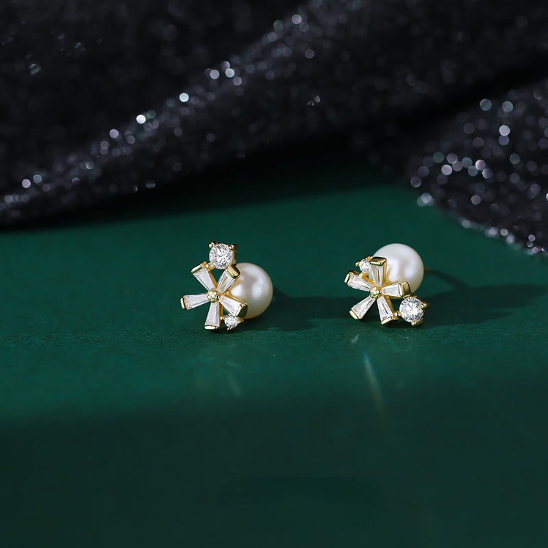 Sweet Zircon Flower Faux Pearl Stud Earrings