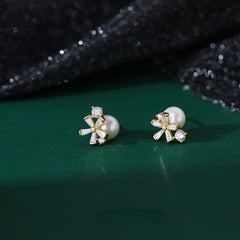 Sweet Zircon Flower Faux Pearl Stud Earrings