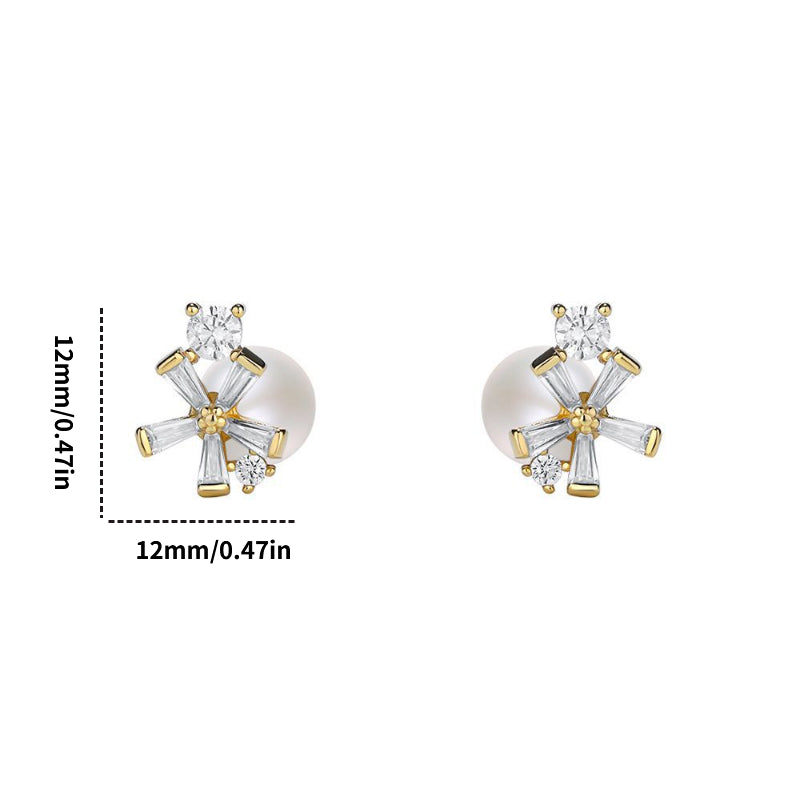 Sweet Zircon Flower Faux Pearl Stud Earrings