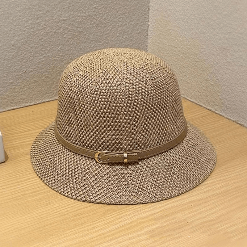 Hollow Crochet Bucket Hat Belt Decor Casual Sunscreen Basin Hat