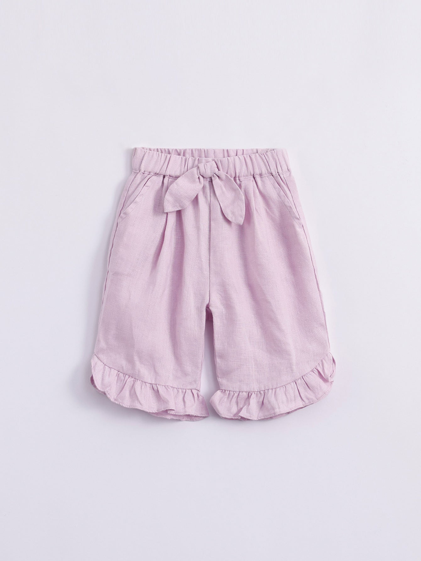 Girls Linen Elastic Shorts With Bow Tie Kids Summer Pants