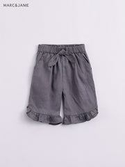 Girls Linen Elastic Shorts With Bow Tie Kids Summer Pants