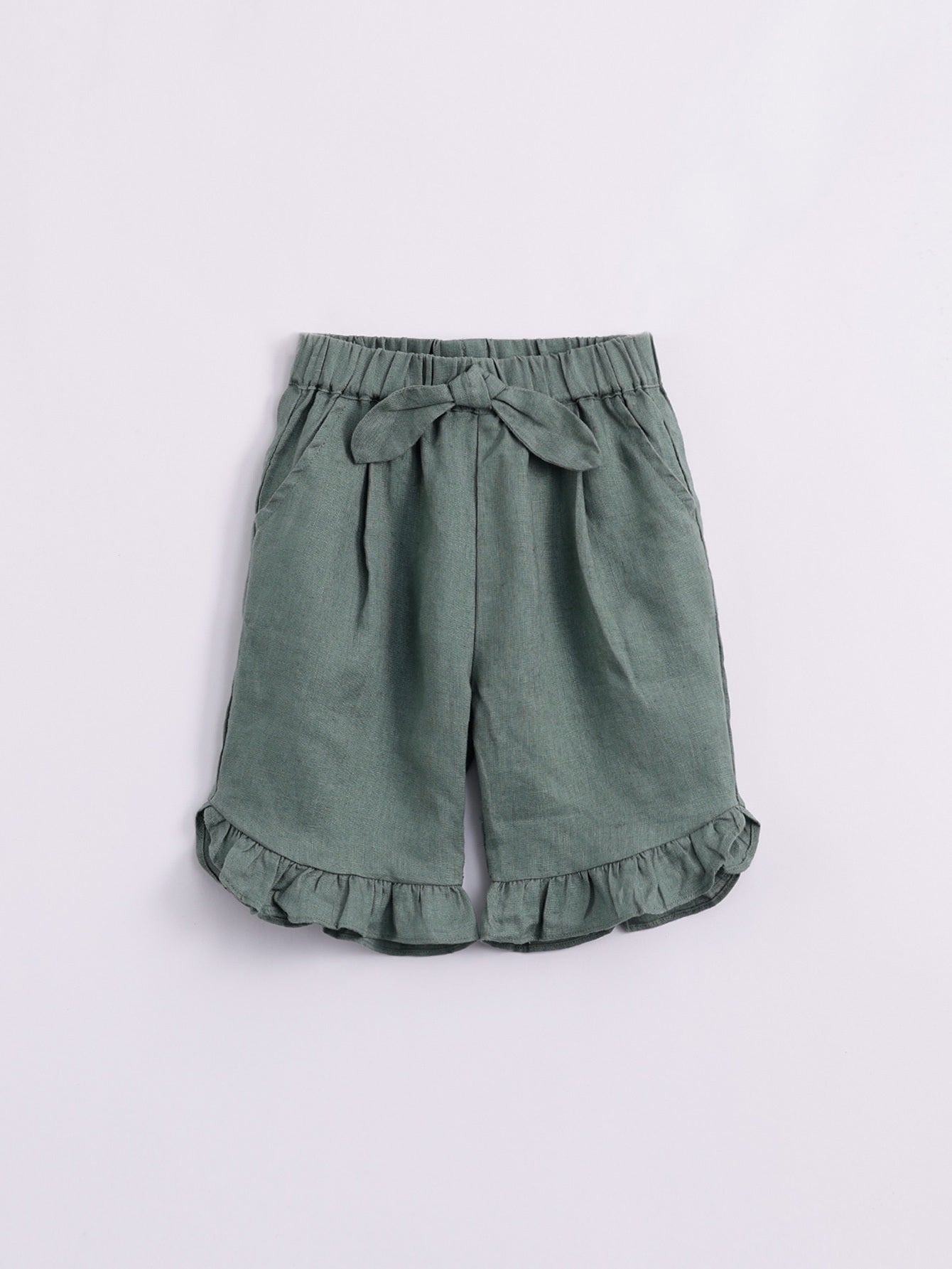 Girls Linen Elastic Shorts With Bow Tie Kids Summer Pants