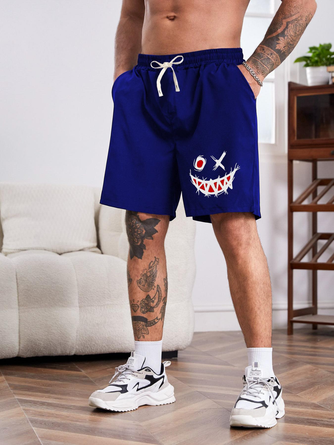 Men's Outdoor Casual Shorts with Pockets & Smiley Face Pattern