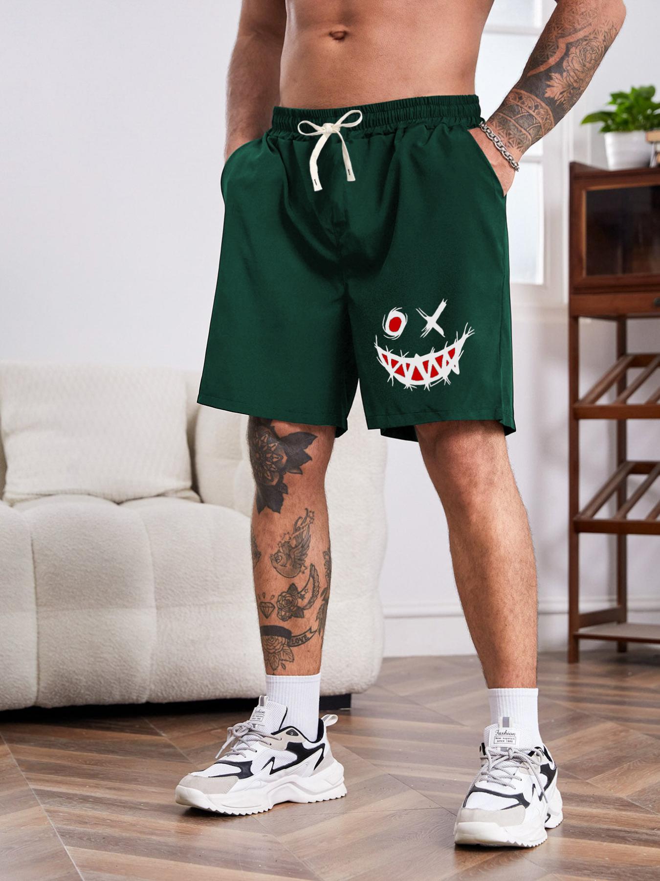 Men's Outdoor Casual Shorts with Pockets & Smiley Face Pattern
