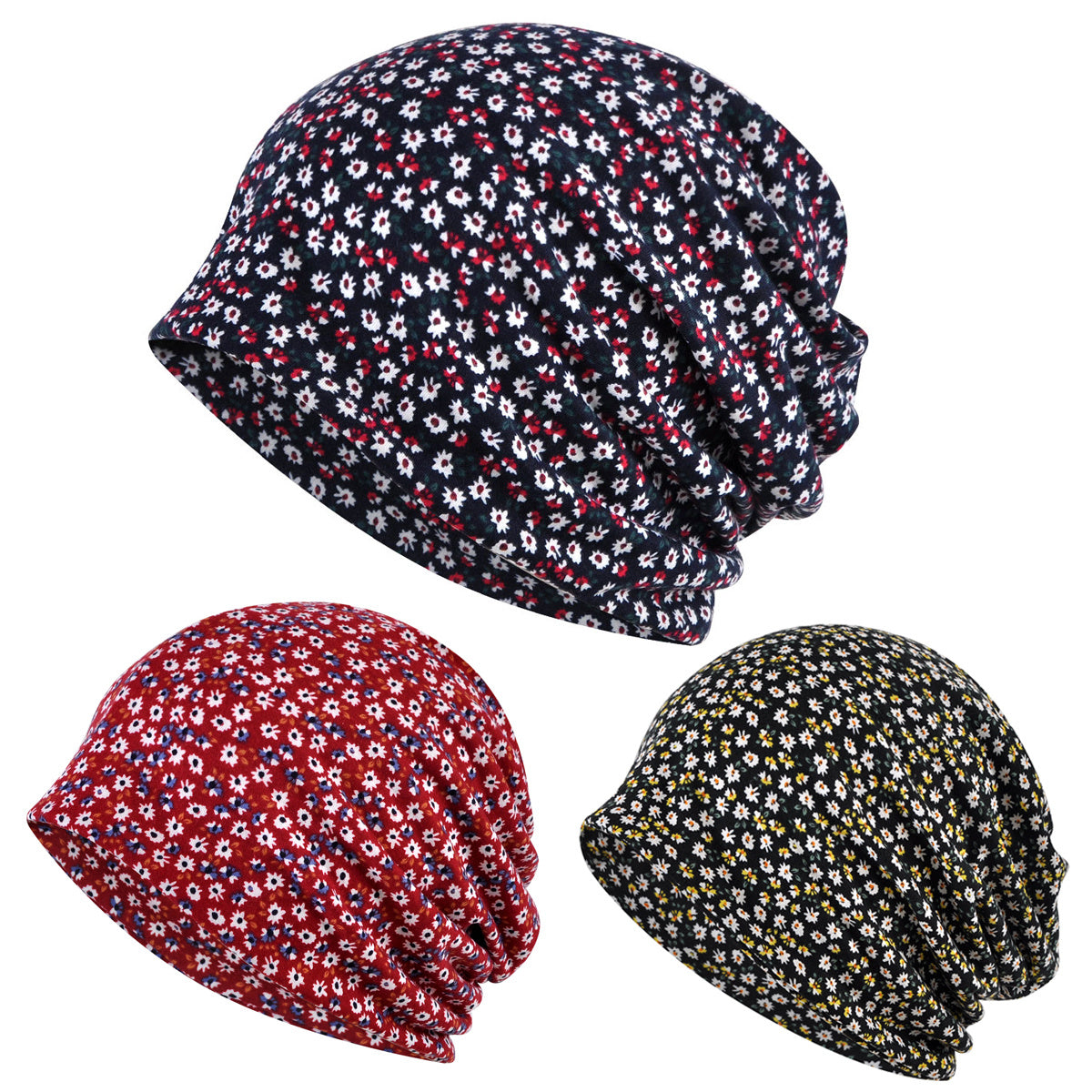 Floral Print Beanie Lightweight Elastic Slouchy Skull Hat