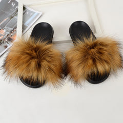 Women's Fluffy Flat Slides Open Toe Non Slip Indoor Slippers Furry Outdoor Shoes