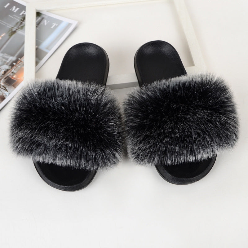Women's Fluffy Flat Slides Open Toe Non Slip Indoor Slippers Furry Outdoor Shoes