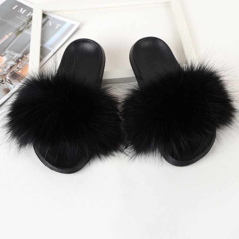 Women's Fluffy Flat Slides Open Toe Non Slip Indoor Slippers Furry Outdoor Shoes