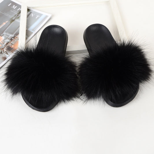 Women's Fluffy Flat Slides Open Toe Non Slip Indoor Slippers Furry Outdoor Shoes