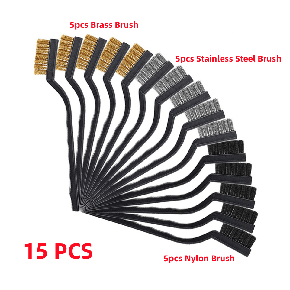 15pcs Wire Brush Set Stainless Steel Brass Nylon Curved Handle