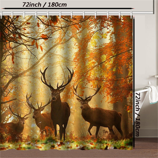 Autumn Forest Scenery Shower Curtain Set with Deer Wildlife Design