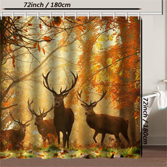 Autumn Forest Scenery Shower Curtain Set with Deer Wildlife Design