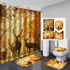 Autumn Forest Scenery Shower Curtain Set with Deer Wildlife Design