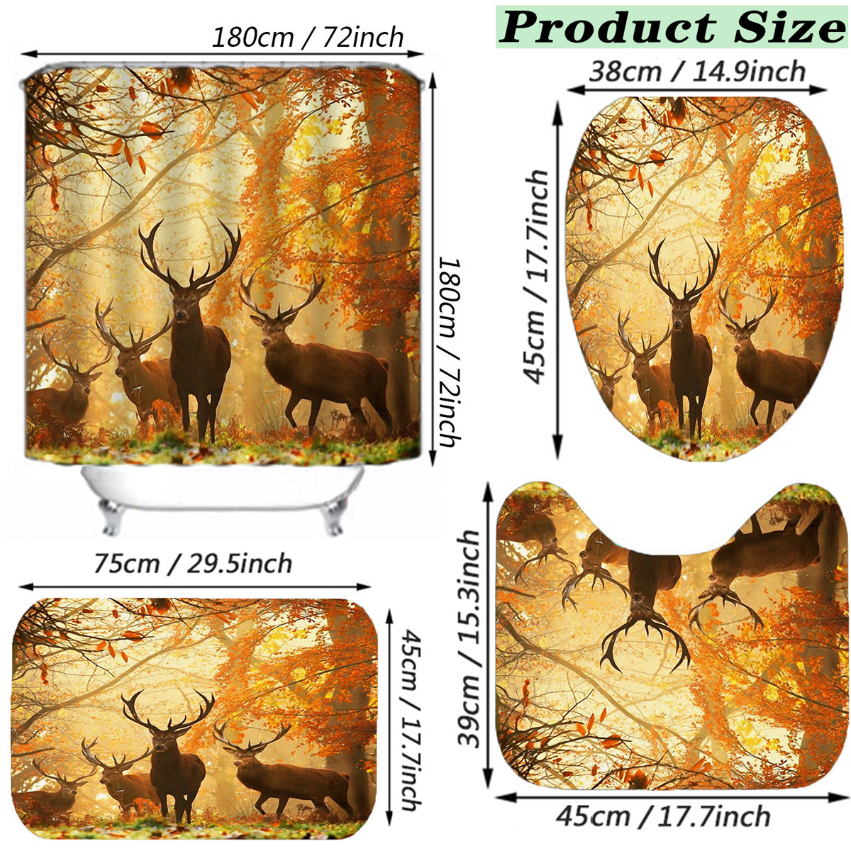 Autumn Forest Scenery Shower Curtain Set with Deer Wildlife Design