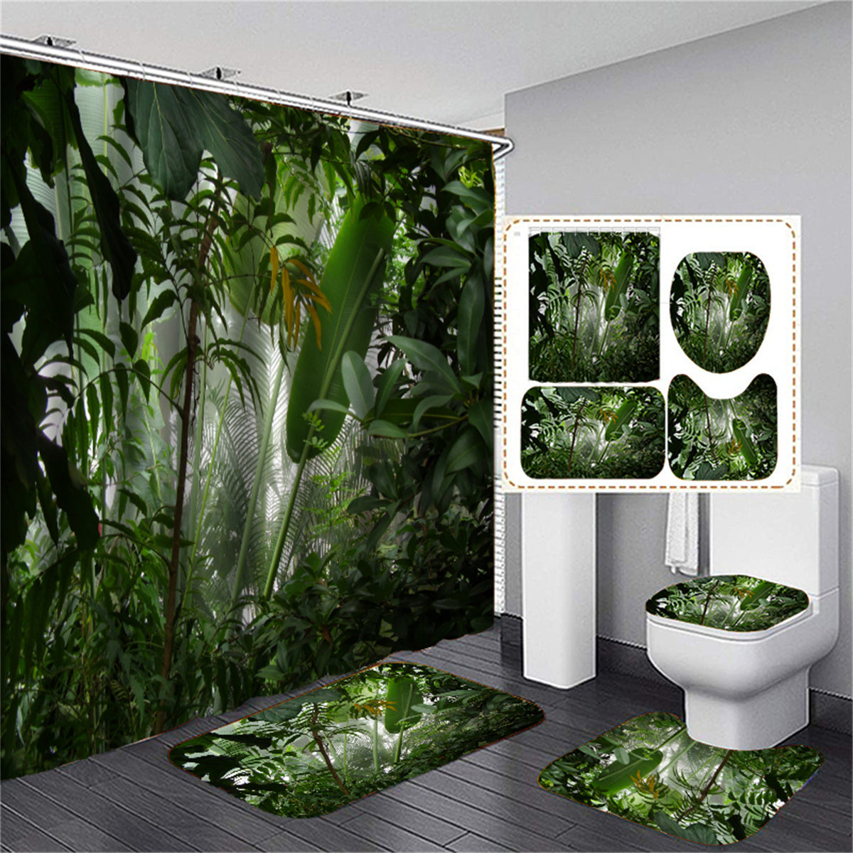 Tropical Botanical Shower Curtain Set with Bath Mat