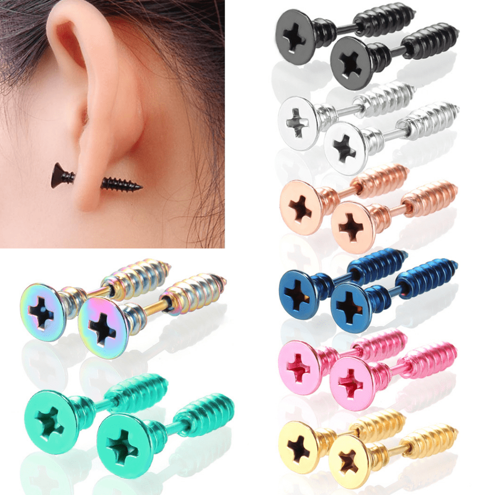 Stainless Steel Cross Screw Stud Earrings for Men
