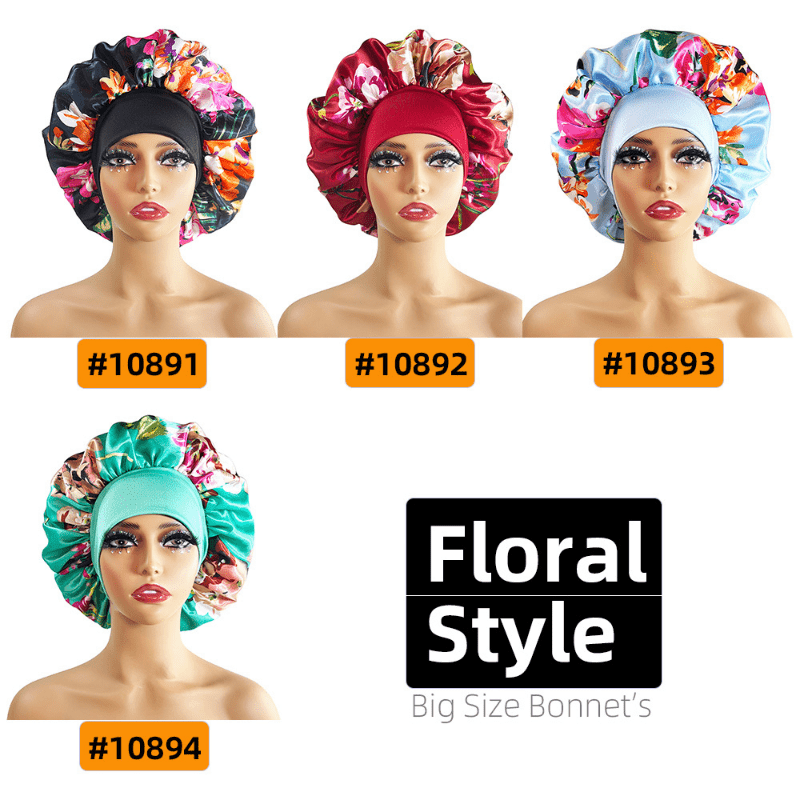 Flower Print Satin Bonnet Large Sleep Cap Hair Bonnets Stretchy Hair Cap