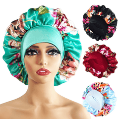 Flower Print Satin Bonnet Large Sleep Cap Hair Bonnets Stretchy Hair Cap