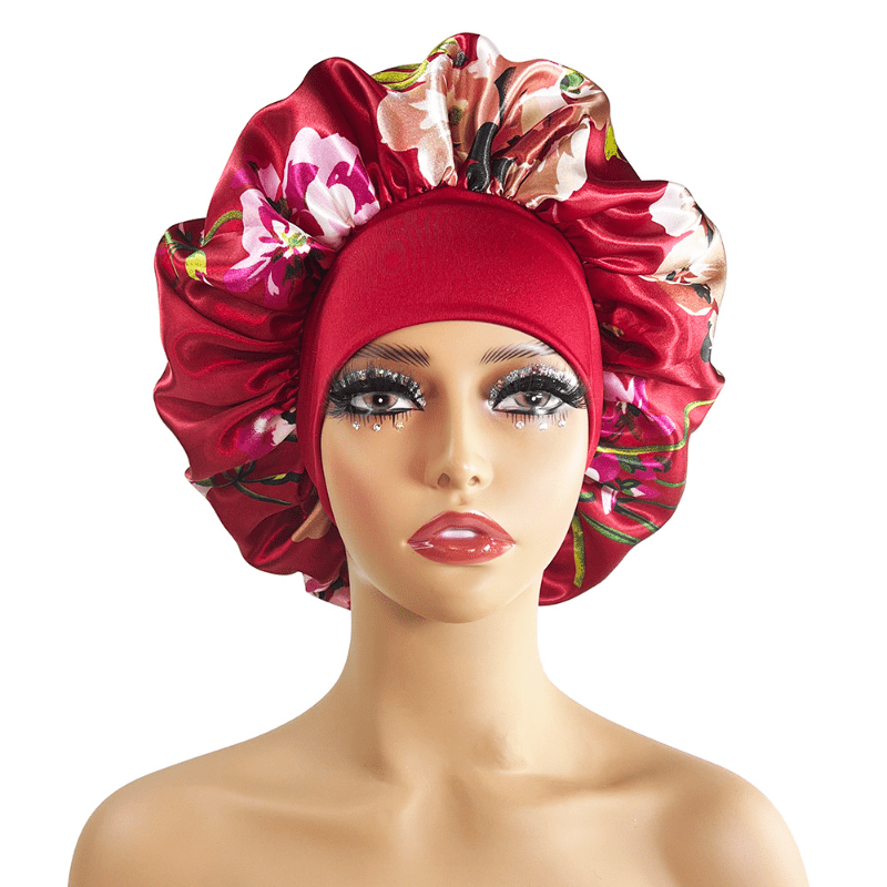 Flower Print Satin Bonnet Large Sleep Cap Hair Bonnets Stretchy Hair Cap
