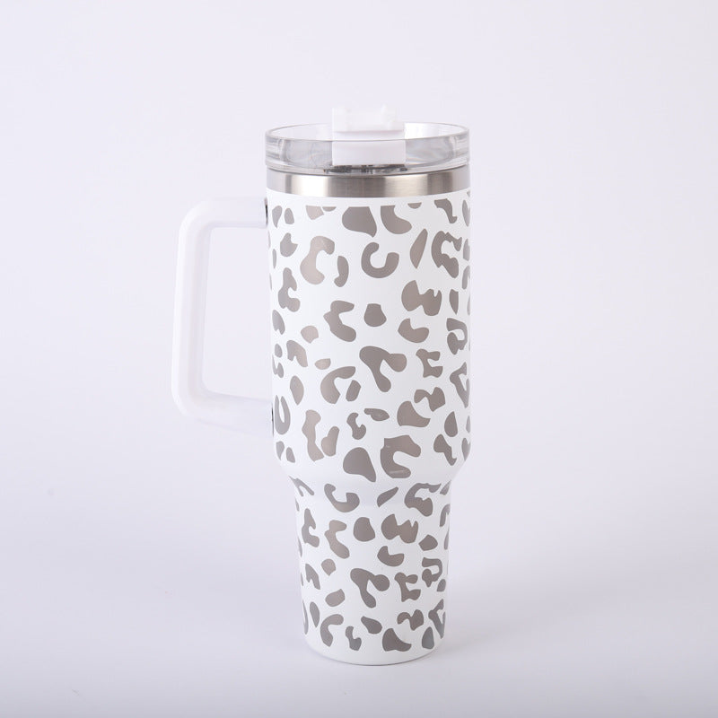 Leopard Print Car Tumbler Handle & Straw 304 Stainless Steel Insulated Cup