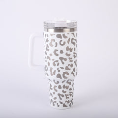 Leopard Print Car Tumbler Handle & Straw 304 Stainless Steel Insulated Cup