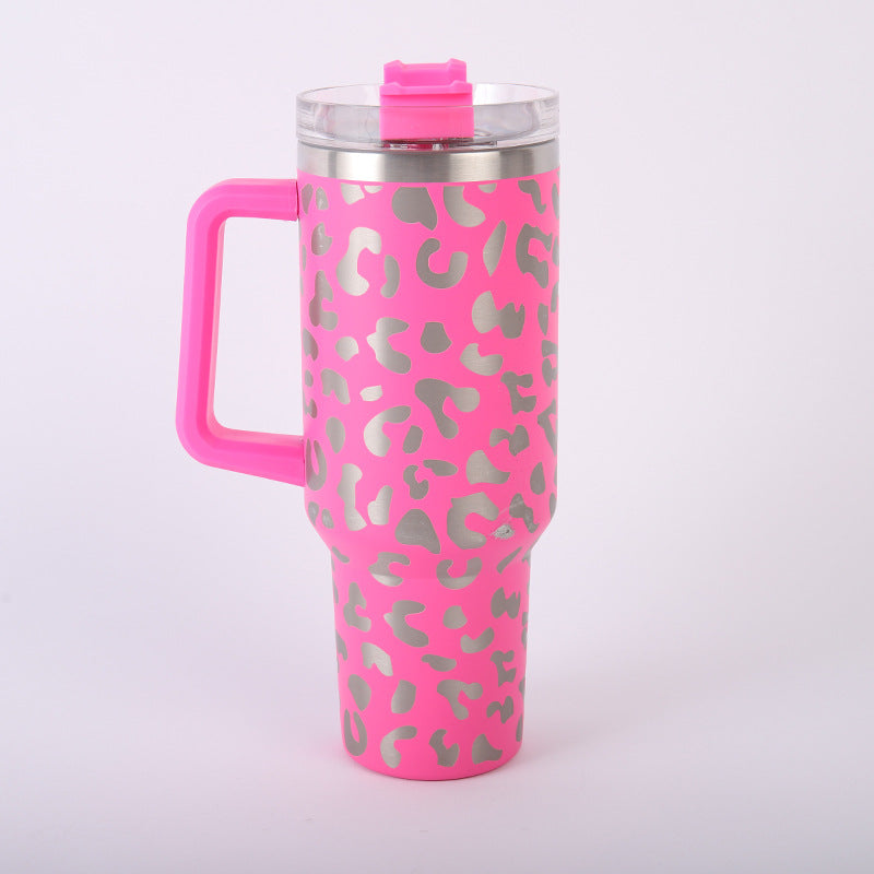 Leopard Print Car Tumbler Handle & Straw 304 Stainless Steel Insulated Cup