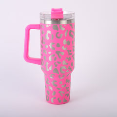 Leopard Print Car Tumbler Handle & Straw 304 Stainless Steel Insulated Cup