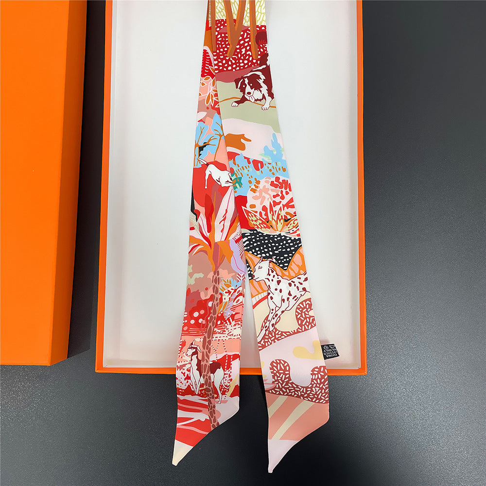 Jungle & Dog Pattern Neckerchief Long Hair Ribbon Skinny Scarf