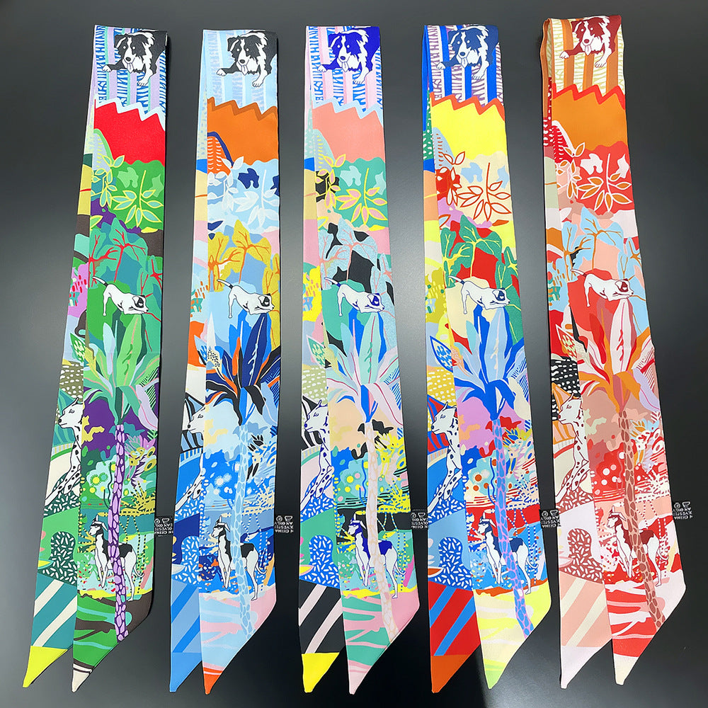 Jungle & Dog Pattern Neckerchief Long Hair Ribbon Skinny Scarf