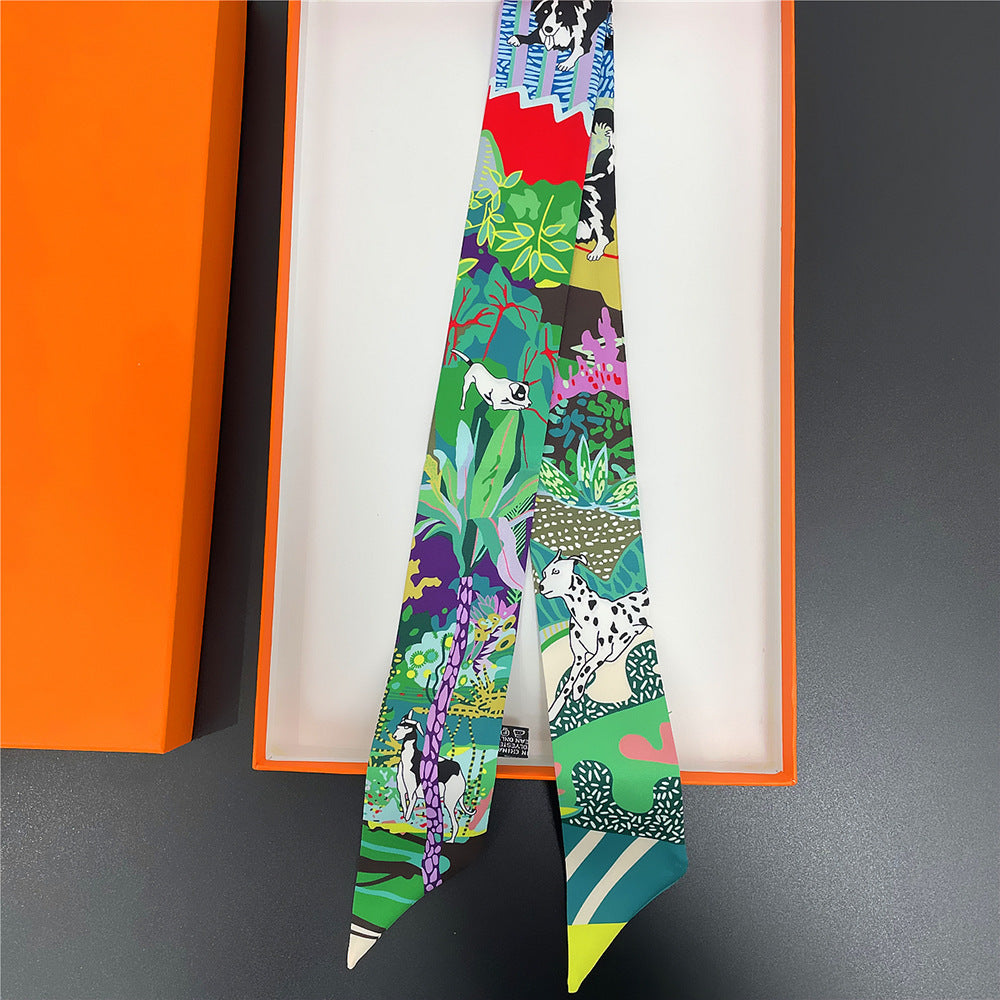 Jungle & Dog Pattern Neckerchief Long Hair Ribbon Skinny Scarf