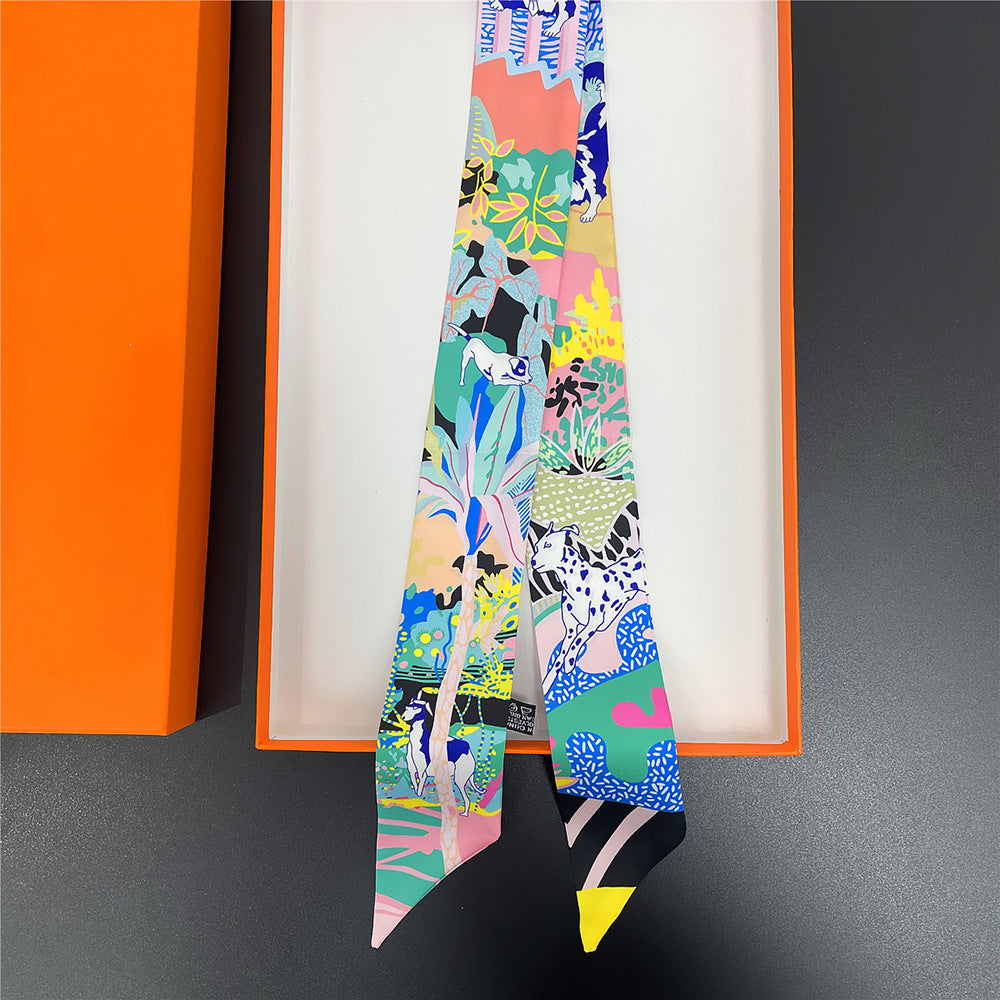 Jungle & Dog Pattern Neckerchief Long Hair Ribbon Skinny Scarf