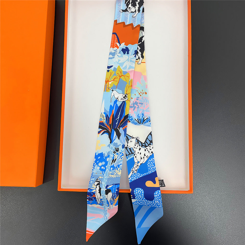 Jungle & Dog Pattern Neckerchief Long Hair Ribbon Skinny Scarf