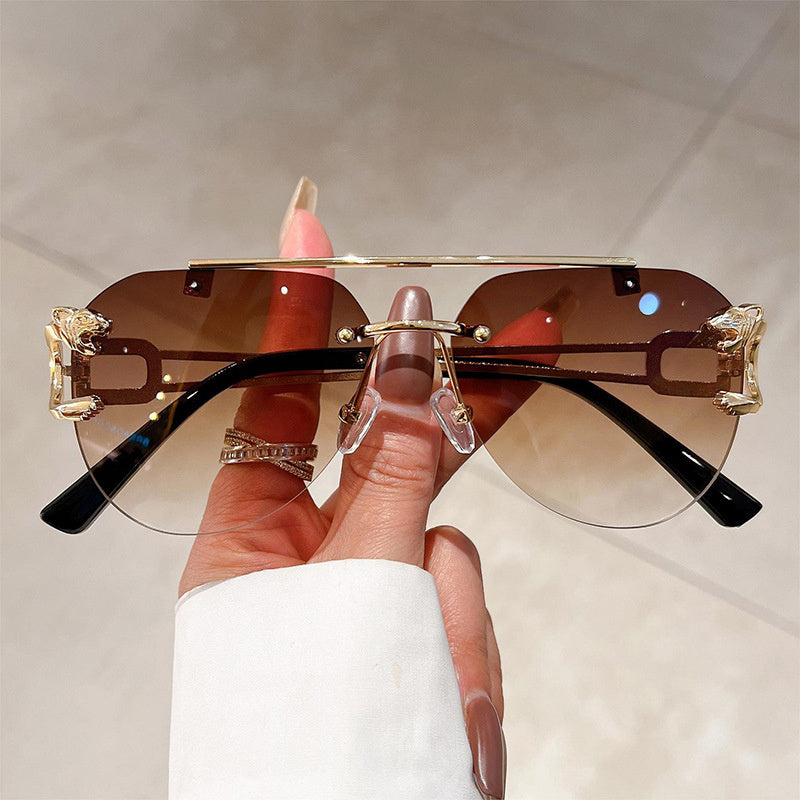 Top Bar Rimless Sunglasses Metal Leopard Gradient UV400