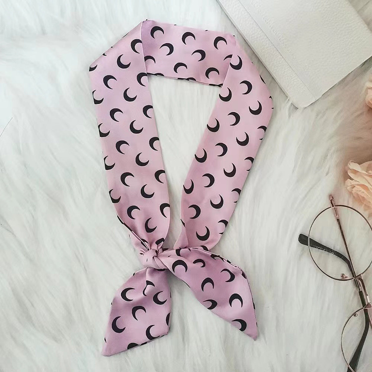 Crescent Print Skinny Scarf Neck Tie Silk Twilly Scarf Satin Neckerchief