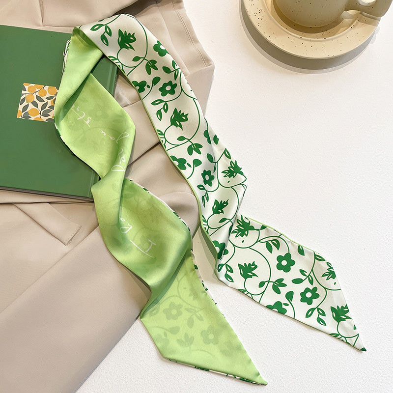 Green Plaid Print Double Layer Twilly Scarf