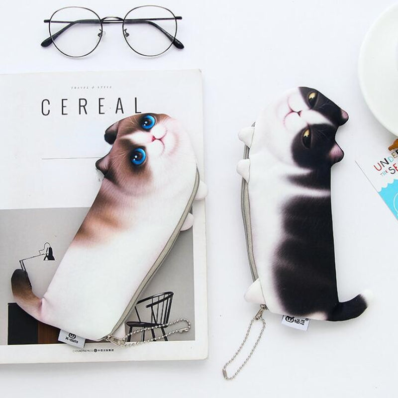 Cat Shaped Canvas Pencil Pouch Zipper Pencil Case Cute Pen Bags