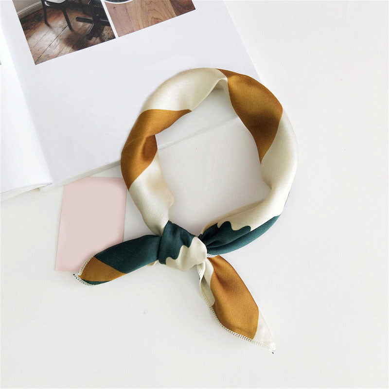 Classic Stripe Print Square Scarf Satin Bandana Neckerchief Women Silk Head Wrap