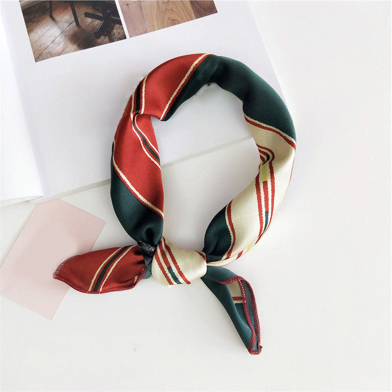 Classic Stripe Print Square Scarf Satin Bandana Neckerchief Women Silk Head Wrap
