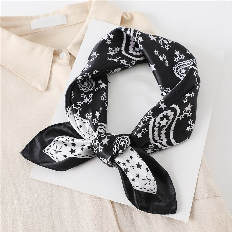 Stars Print Square Scarf Satin Bandana Neckerchief Women Silk Head Wrap