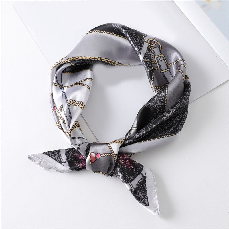 Chain Print Satin Bandana Neck Scarf Square Silk Head Wrap
