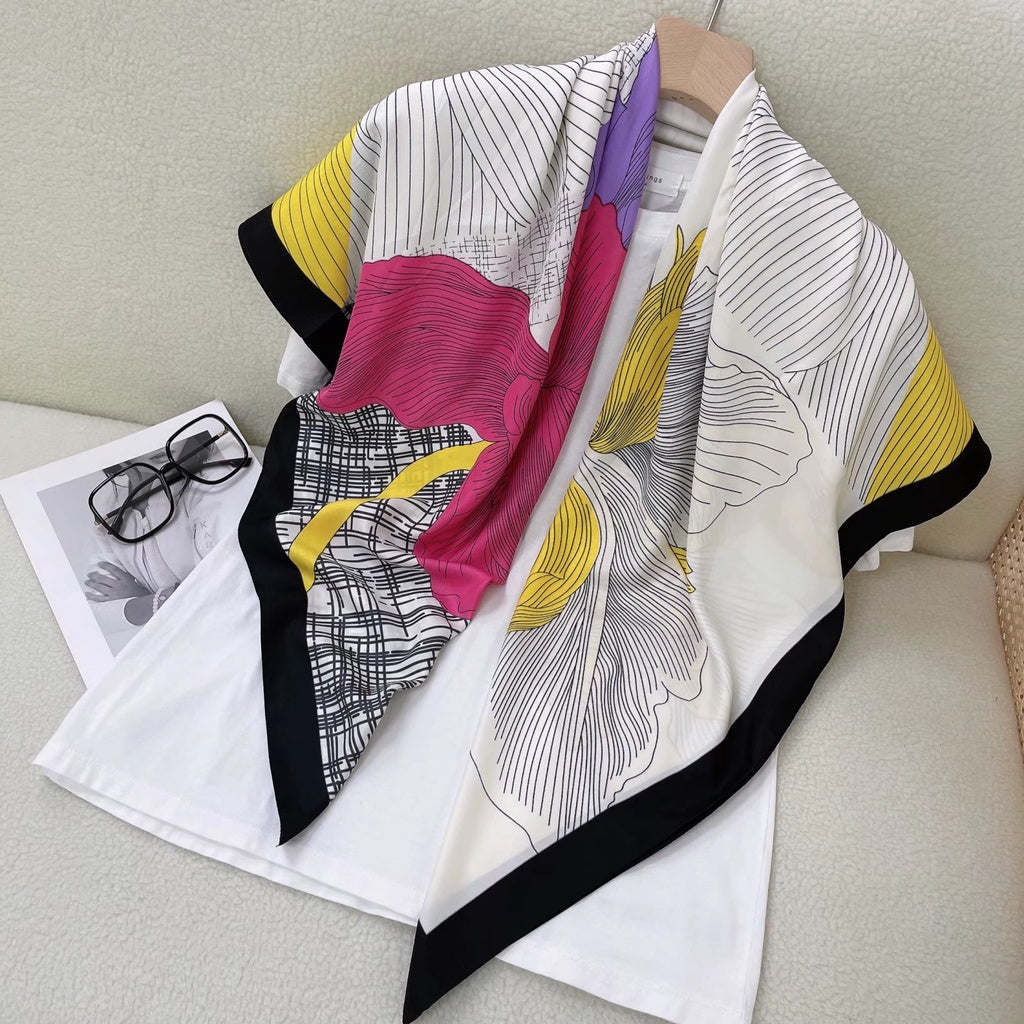 Flower Print Square Scarf Block Shawl Women Casual Head Wrap