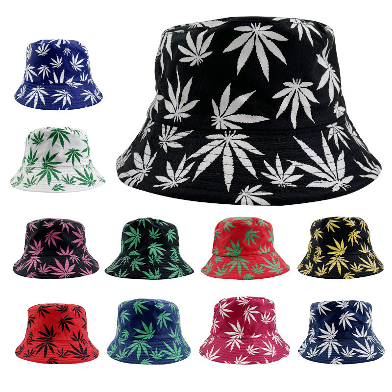 Leaf Print Reversible Bucket Hat Hip Hop Couple Beach Sun Hat