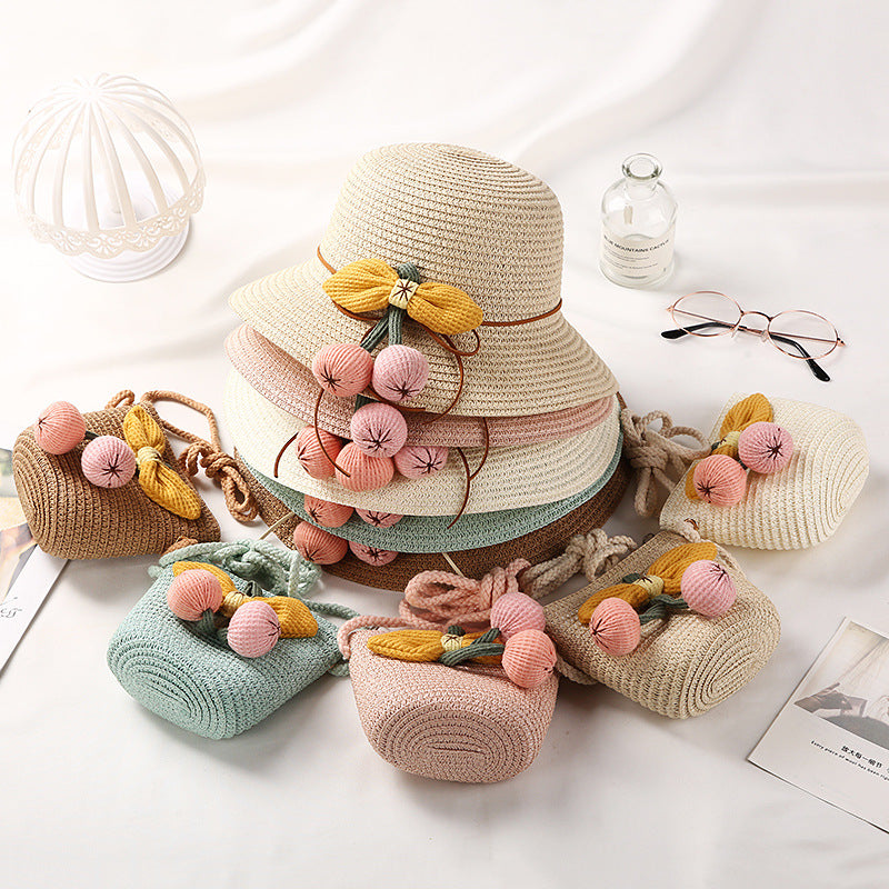 Girls Bow Cherry Decor Straw Hat Sun Protection Cap Sun Hat & Straw Bag Set