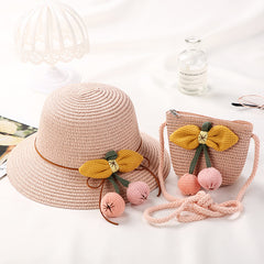 Girls Bow Cherry Decor Straw Hat Sun Protection Cap Sun Hat & Straw Bag Set