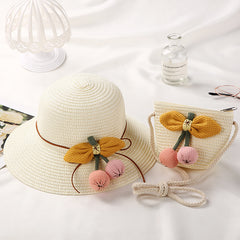 Girls Bow Cherry Decor Straw Hat Sun Protection Cap Sun Hat & Straw Bag Set