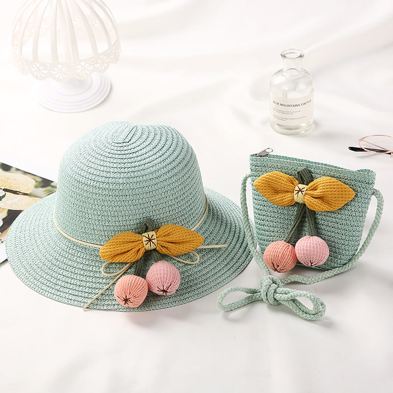 Girls Bow Cherry Decor Straw Hat Sun Protection Cap Sun Hat & Straw Bag Set